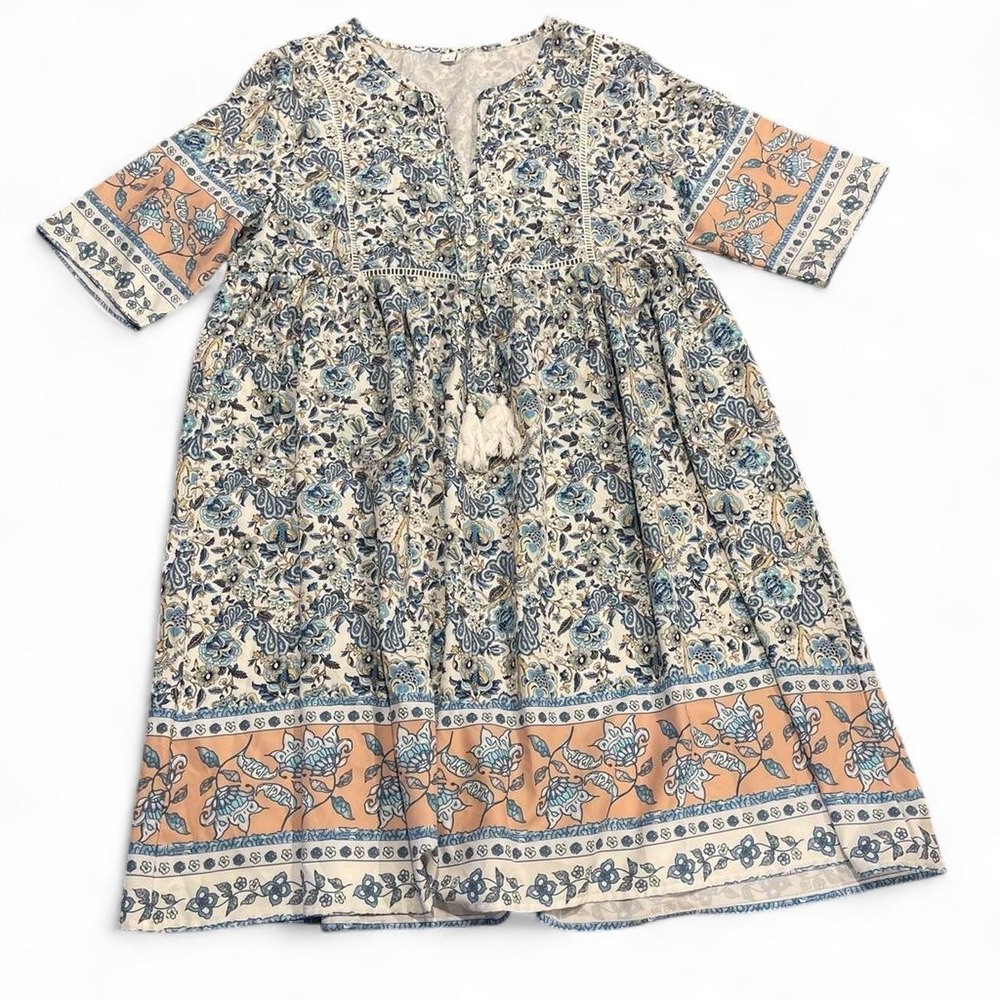 Boho Floral Paisley Babydoll Mini Dress Blue Peach Tassel Tie Short Sleeve L